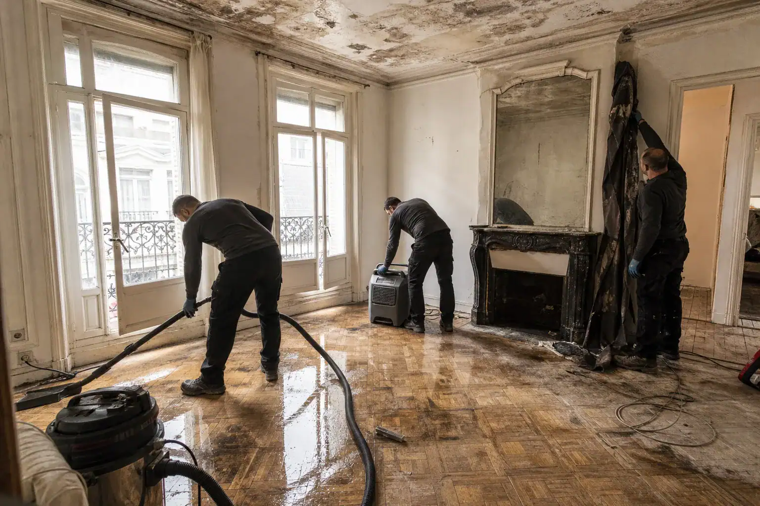 Équipe de trois techniciens en intervention de remise en état après sinistre dans un appartement parisien