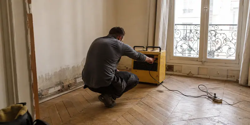 Déshumidificateur professionnel réglé au sol, service d'assèchement et de traitement de l'humidité