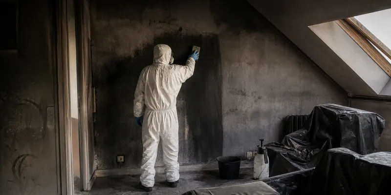 Nettoyage de la suie sur un mur par un technicien en combinaison, service de décontamination après incendie