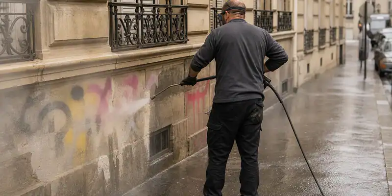 Tags effacés à la haute pression sur un soubassement en pierre, service de nettoyage de graffitis
